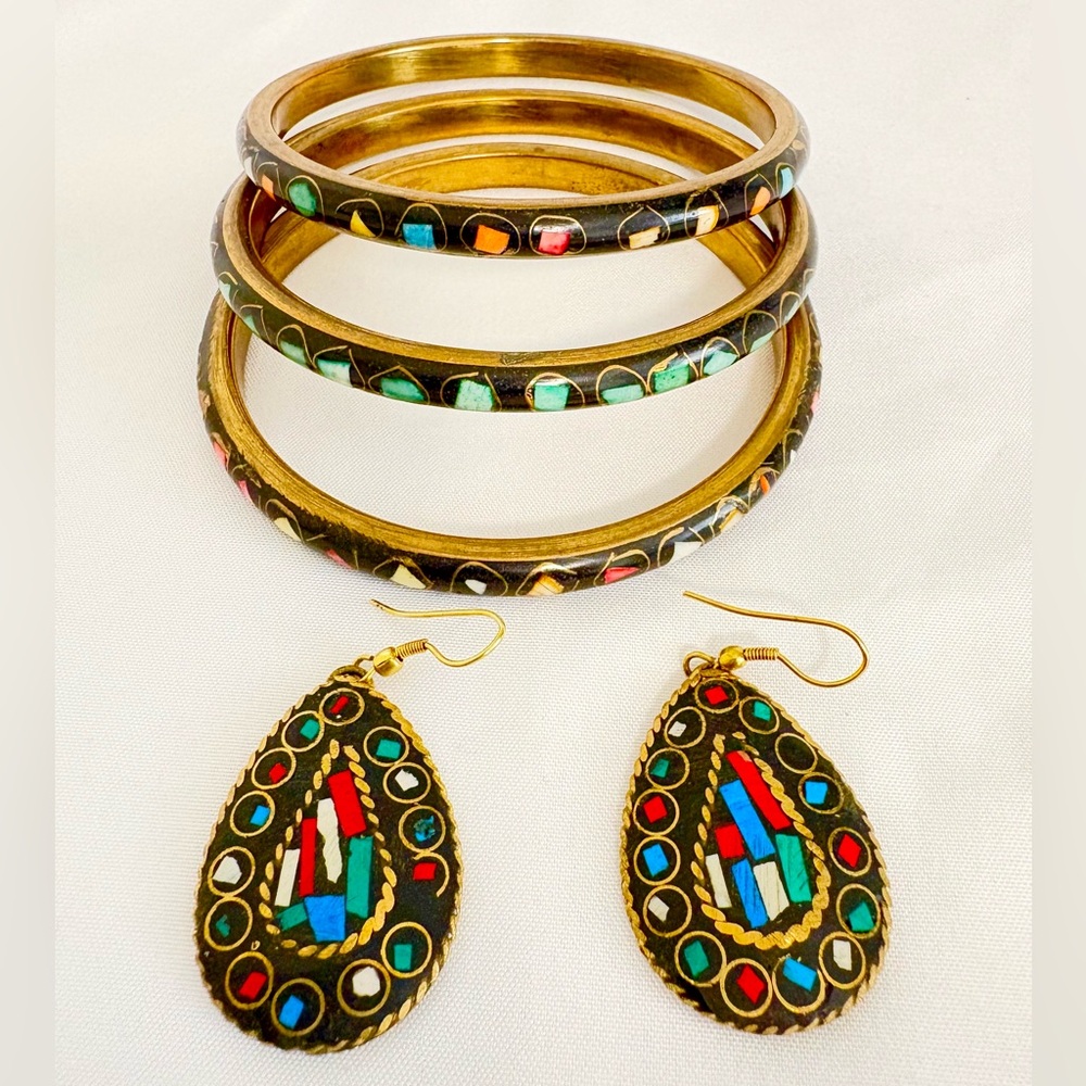 3 pc multicolor brass bangles with earring set